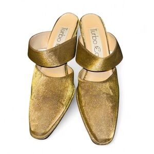 TURBO CAT Gold Fabric Slip On Heels - Size 6